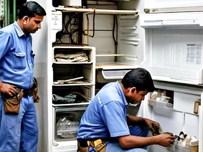 Technician performing professional refrigerator repair and maintenance service to ensure efficient cooling and storage.