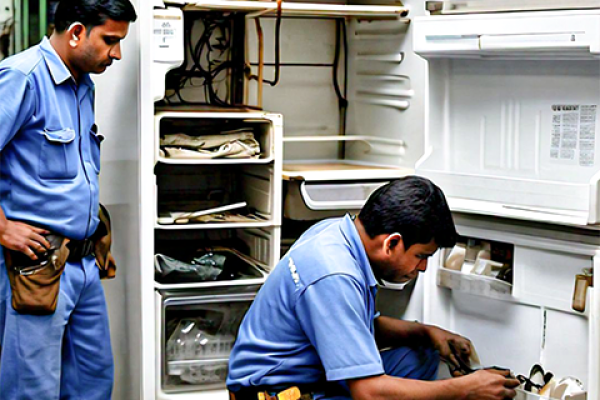 Technician performing professional refrigerator repair and maintenance service to ensure efficient cooling and storage.