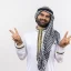 arabic man in traditional wear smiling positive and happy showing victory sign with both hands standing over white background