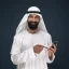 Portrait of arabian saudi businessman on dark blue studio background. Man using smartphone for paying bill, online shopping or betting. Concept of business, finance, facial expression, human emotions.